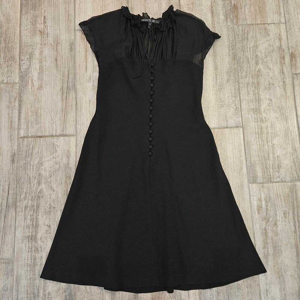 Lafayette 148 Dress Women Size 8 Sheer Ruffle Hem Button Front Knee Length Black